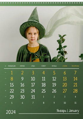 Вертикальные настенные перекидные календари - Зеленые Январь